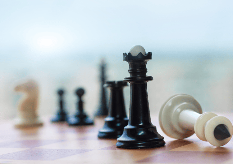 Pions d'échecs en noir et blanc alignés sur un échiquier en bois avec un flou d'arrière-plan.